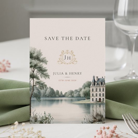 Elegante französische Château-Monogramm-Hochzeit Save The Date