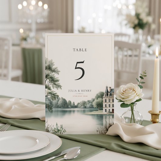 Elegante französische Château-Monogramm-Hochzeitst Tischnummer