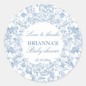 Elegante französische Dusche mit blauer Babydusche Runder Aufkleber (Vorderseite)