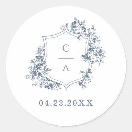 Elegante französische Rose Blue Botanical Wappen E Runder Aufkleber