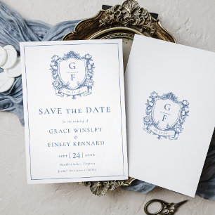 Elegante französische Rosen blaues Monogrammwappen Save The Date