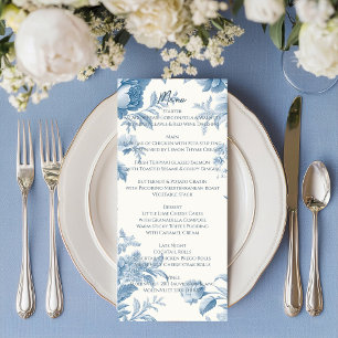 Elegante französische Toile Blau Floral Hochzeit Menükarte
