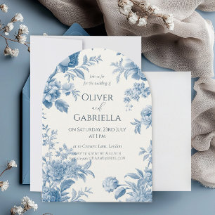 Elegante französische Toile Blaue Blumige Hochzeit Einladung