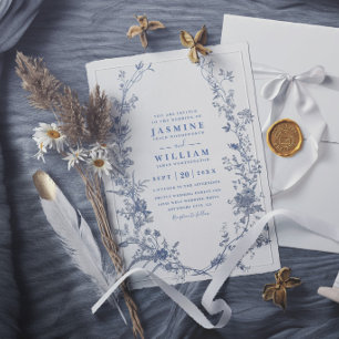 Elegante französische vintageblaue Blumen Hochzeit Einladung