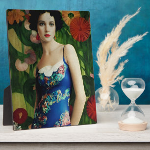 Elegante Frau im Art Deco Stil mit großen Blumen K Fotoplatte