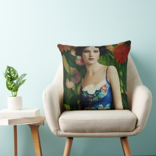 Elegante Frau im Art Deco-Stil mit großen Blumen K Kissen