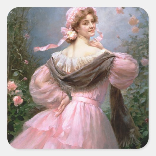 Elegante Frau im Garten der Rose Quadratischer Aufkleber (Vorderseite)