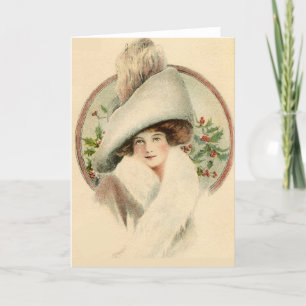 Elegante Frau im Vintage-Look mit Holly Feiertagskarte
