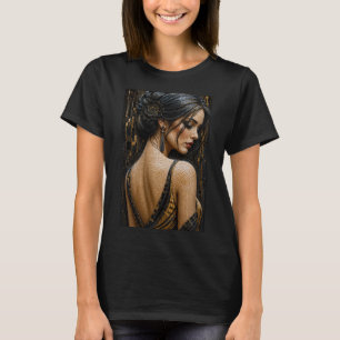 Elegante Frau in 3D-Mikromosaik – Luxus Schwarz T-Shirt
