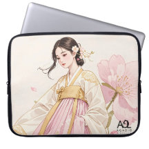 Elegante Frau in Golden Hanbok mit Cherry Blossom