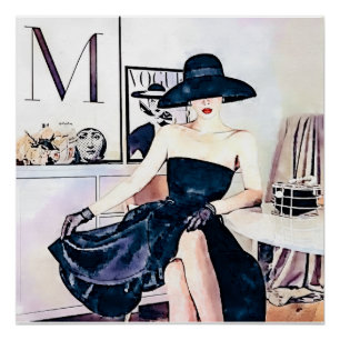 Elegante Frau in schwarzem trägerlosem Kleid Poster
