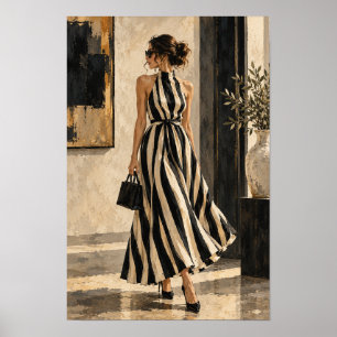 Elegante Frau in schwarzem und cremefarbenem gestr Poster