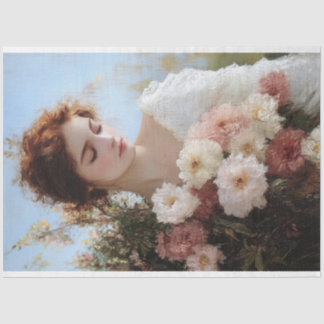 Elegante Frau mit Blume, die Dekoupage malen Seidenpapier