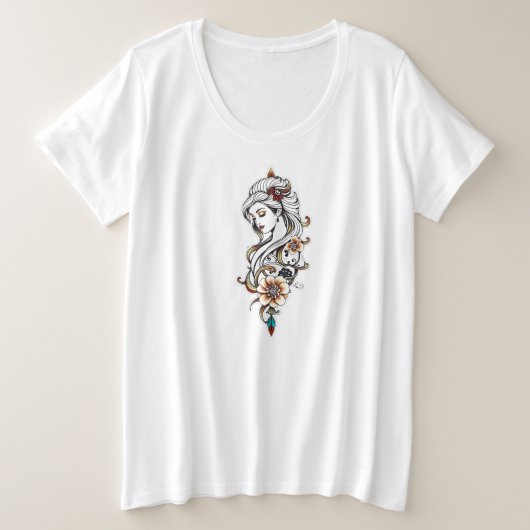 Elegante Frau mit Blume Große Größe T-Shirt (Design vorne)