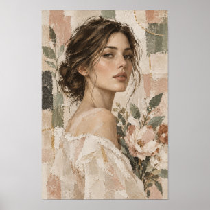 Elegante Frau mit Blumen Sanfte Neutrale Figürlich Poster
