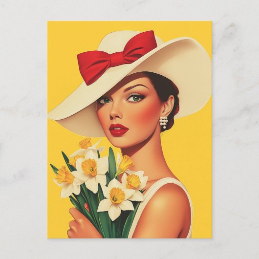 Elegante Frau mit Daffodien Postkarte (Vorderseite)