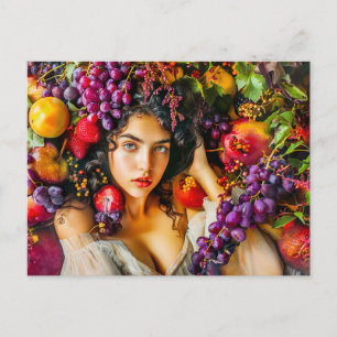 Elegante Frau mit Granatapfel Trauben und Blumen c Postkarte