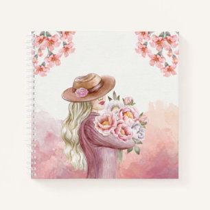 Elegante Frau mit Pfingstrosen Aquarell Kunst Druc Notizblock