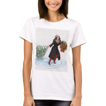Elegante Frau mit Santa-Hut zieht Weihnachtsbaum 