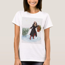 Elegante Frau mit Santa-Hut zieht Weihnachtsbaum  T-Shirt
