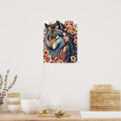 Elegante Frau mit Wolf und Blumen Poster (Küche)