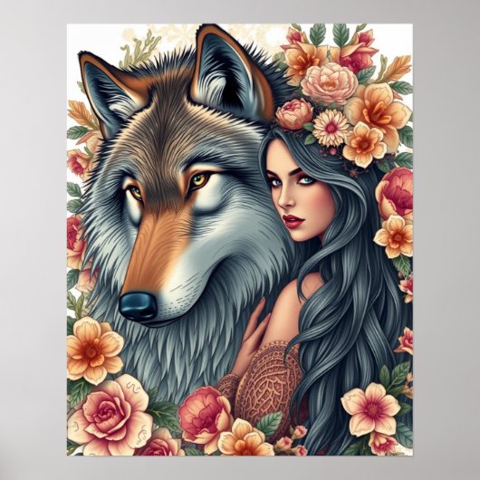 Elegante Frau mit Wolf und Blumen Poster (Vorne)