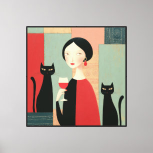 Elegante Frau schwarze Katzen und Wein Leinwanddruck