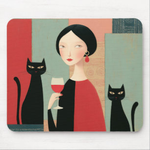 Elegante Frau schwarze Katzen und Wein Mousepad
