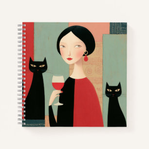 Elegante Frau schwarze Katzen und Wein Notizblock