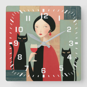 Elegante Frau schwarze Katzen und Wein Quadratische Wanduhr