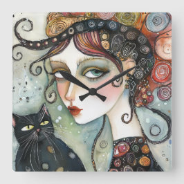 Elegante Frau und Cat Clock Quadratische Wanduhr