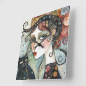 Elegante Frau und Cat Clock Quadratische Wanduhr (Winkel)
