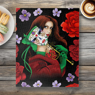 Elegante Frau Venezianische Maske Rot Grün Puzzle