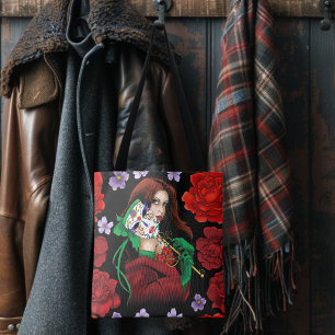 Elegante Frau Venezianische Maske Rot Grün Tasche