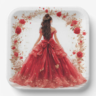 Elegante Frauen in Rot-Grün, umgeben von Rose Pappteller