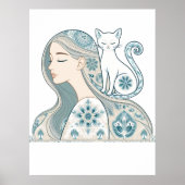 Elegante Frauen & Katzen Blumendesign Poster (Vorne)