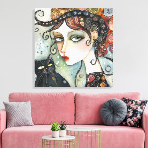 Elegante Frauen und katzengestreifte Canvas Print Leinwanddruck