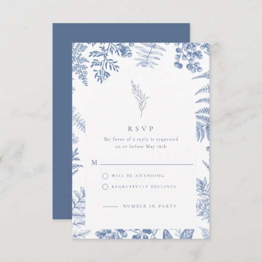 Elegante French Blue Bloom Floral Wedding RSVP Karte (Vorne/Hinten)