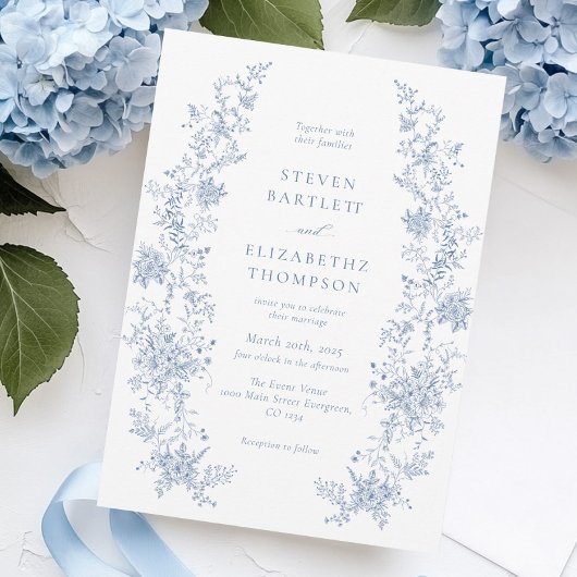 Elegante French Floral Dusty Blue Wedding Einladung