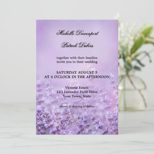 Elegante French Lavender Wedding Einladung (Stehend Vorderseite)