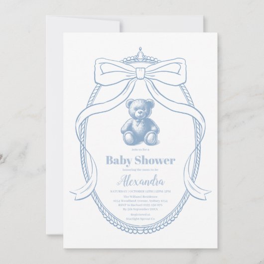 Elegante French Teddy Bear Baby Shower Einladung (Vorderseite)