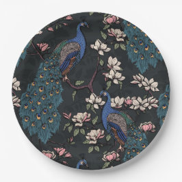 Elegante Friedens- und Magnolia-Blume Schwarz Pappteller