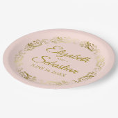 Elegante Frilly Border Blush Pink & Gold Hochzeit Pappteller (Schrägansicht)