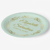 Elegante Frilly Border Mint Green & Gold Wedding Pappteller (Schrägansicht)