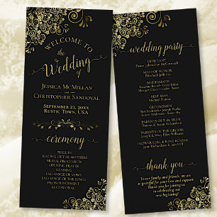 Elegante Frilly Verziert Black & Gold Wedding Programm
