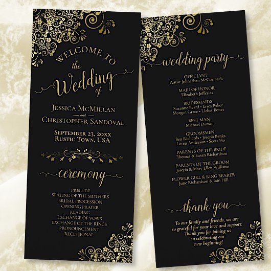 Elegante Frilly Verziert Black & Gold Wedding Programm