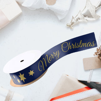 Elegante frohe Weihnachten mit Sternen blau Satinband