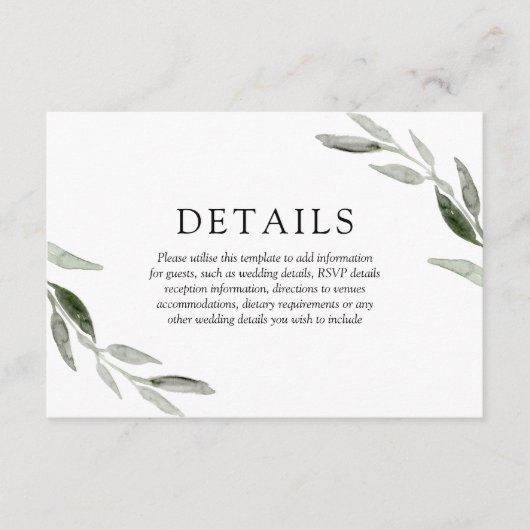 Elegante Frühjahrsgrün-Leaf Hochzeitdetails Begleitkarte (Vorderseite)