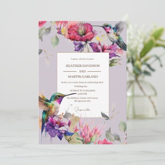 Elegante Frühjahrssonne Lila Blume Blumenvögel Hoc Einladung (Stehend Vorderseite)