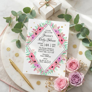 Elegante Frühlings-Aquarell-Blumen-Baby-Party Einladung